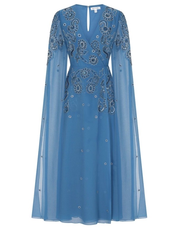 Blue embroidered midi party dress with flowing cape sleeves 2