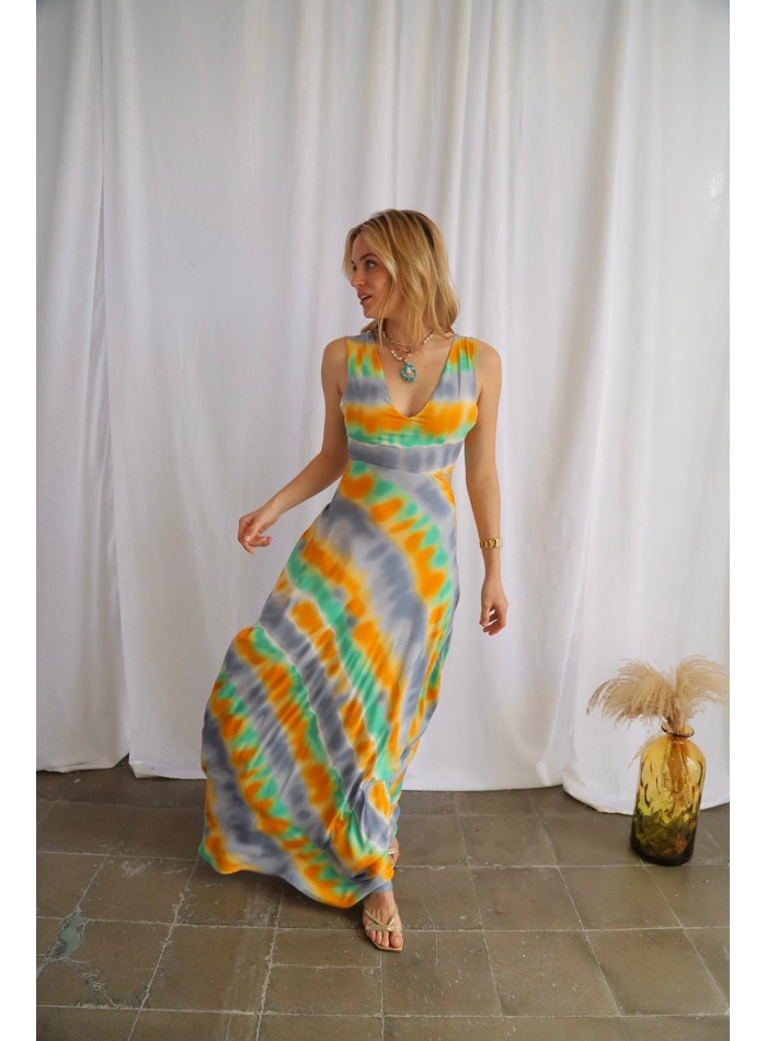 Multicoloured long party dress with neckline and back knottin