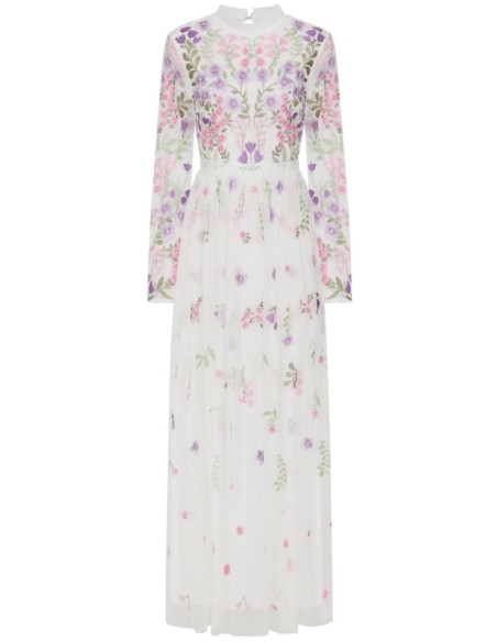 Robe longue blanche en tulle brodé de fleurs
