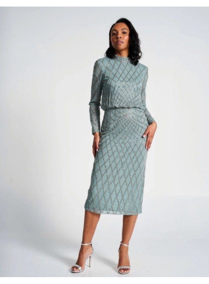 Sage green cocktail party dress with sequins