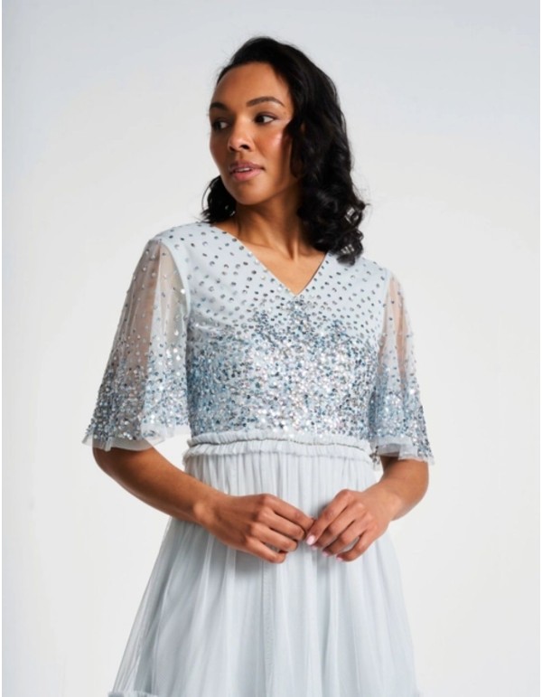 Vestido cóctel de fiesta azul con tul bordado de lentejuelas 2