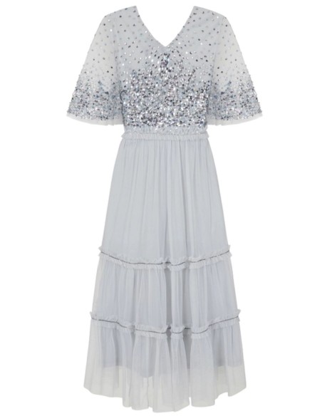 Robe de cocktail bleue en tulle brodé de sequins