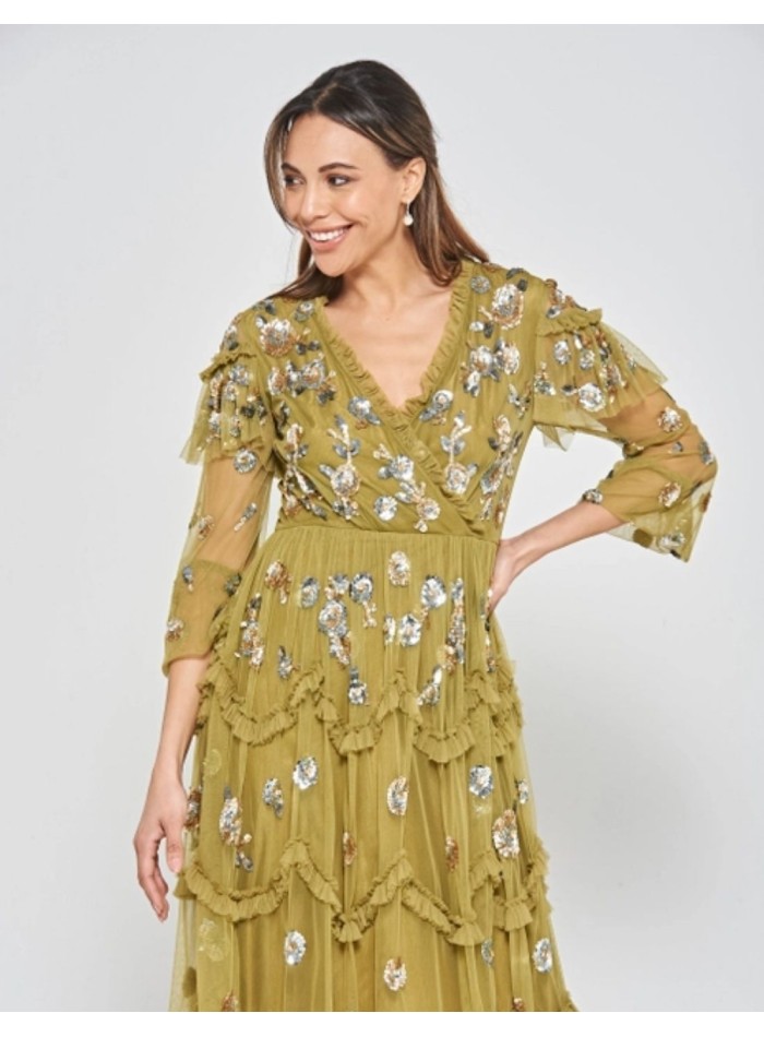 Midi party dress with ruffles and ochre sequins