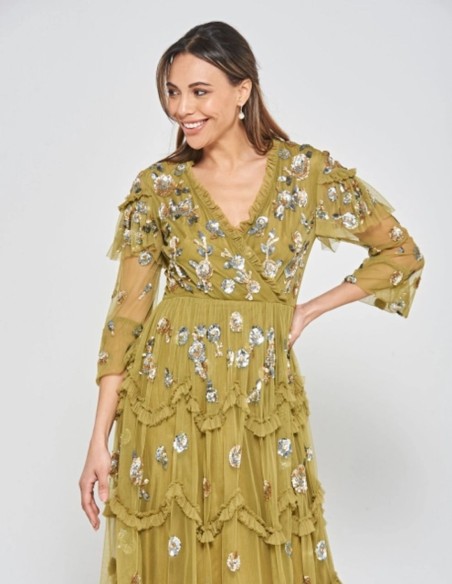 Robe de soirée midi avec volants et sequins ocre