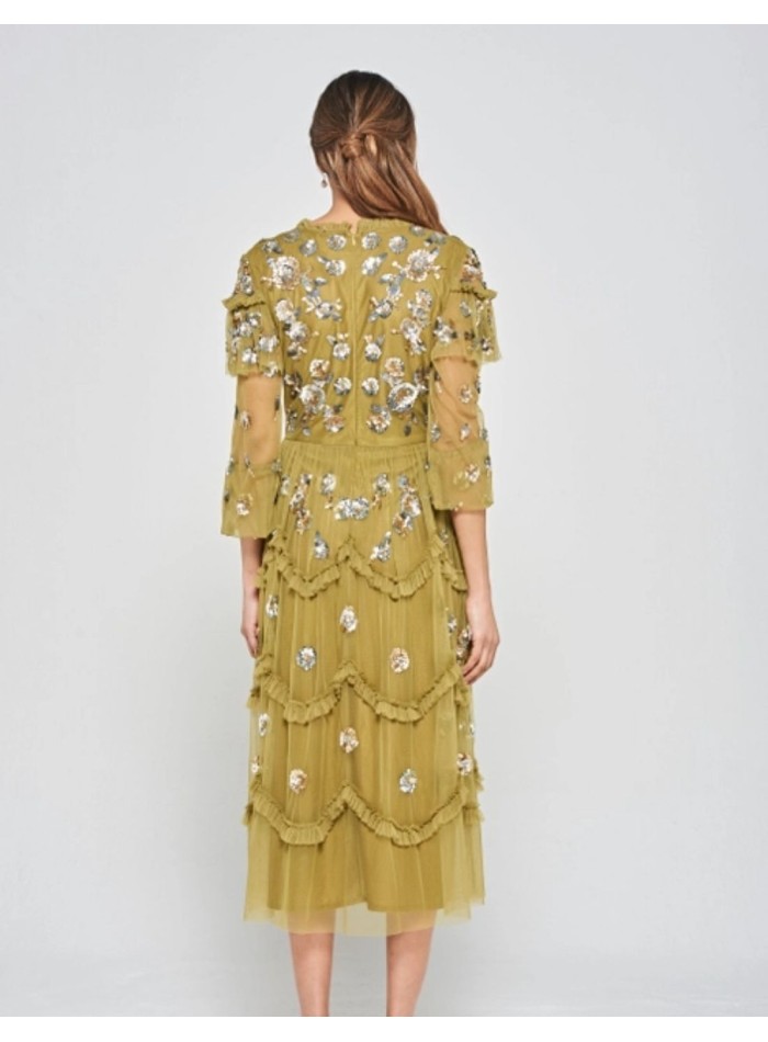 Midi party dress with ruffles and ochre sequins