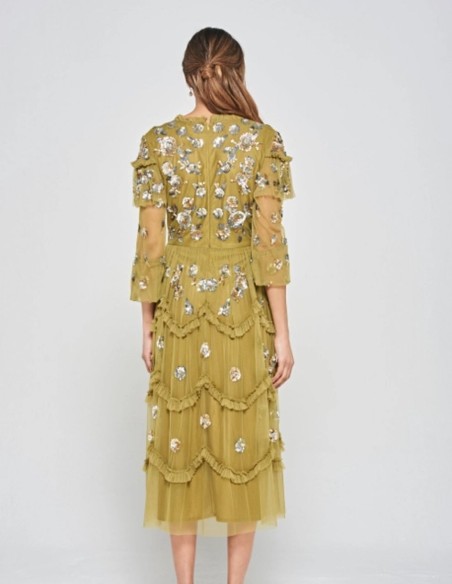 Midi party dress with ruffles and ochre sequins