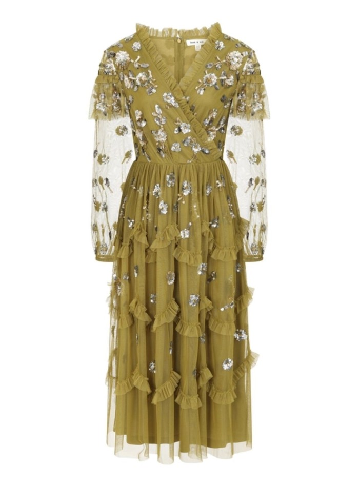 Robe de soirée midi avec volants et sequins ocre