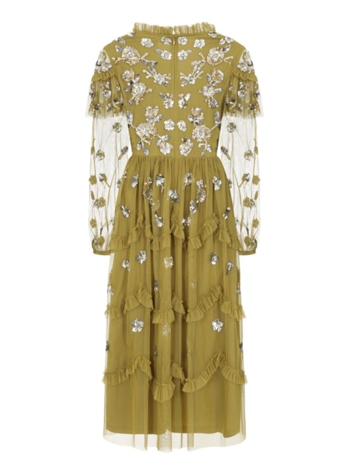 Midi party dress with ruffles and ochre sequins