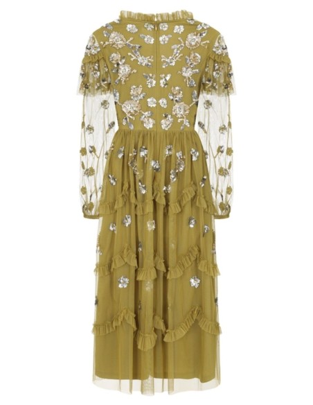 Midi party dress with ruffles and ochre sequins