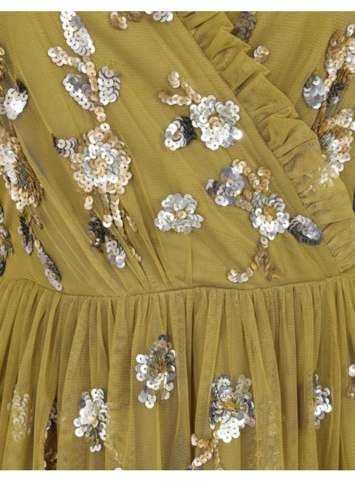 Midi party dress with ruffles and ochre sequins