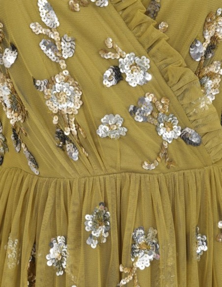 Robe de soirée midi avec volants et sequins ocre