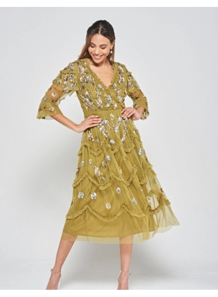 Midi party dress with ruffles and ochre sequins