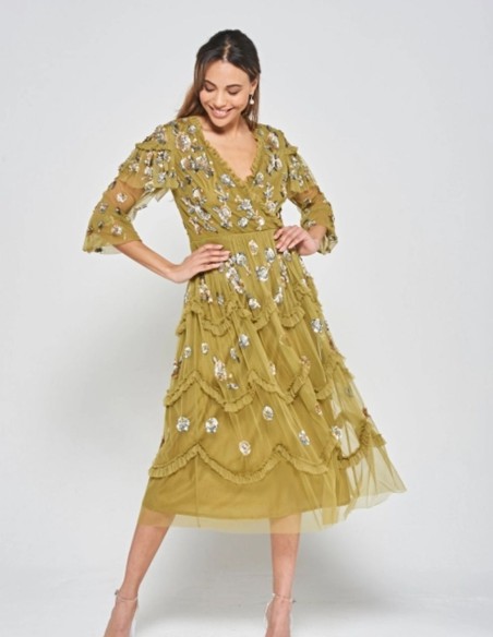 Midi party dress with ruffles and ochre sequins