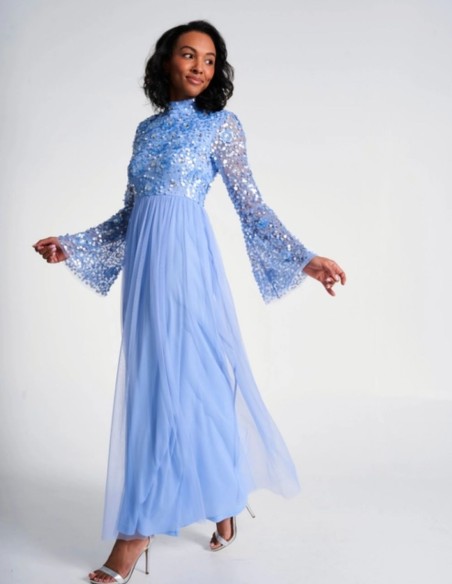 Vestido largo de fiesta con manga larga bordada de lentejuelas azul
