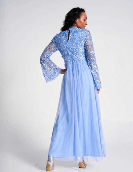 Vestido largo de fiesta con manga larga bordada de lentejuelas azul