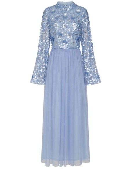 Vestido largo de fiesta con manga larga bordada de lentejuelas azul