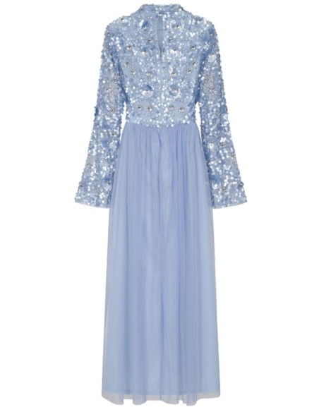 Vestido largo de fiesta con manga larga bordada de lentejuelas azul