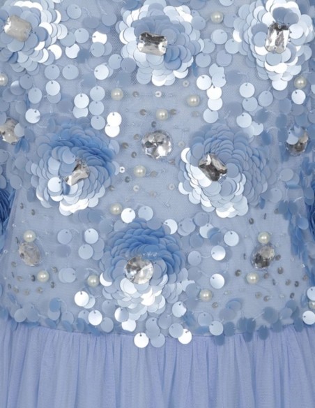 Vestido largo de fiesta con manga larga bordada de lentejuelas azul