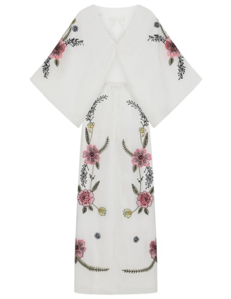 Vestido largo túnica bordado de flores con espalda anudada