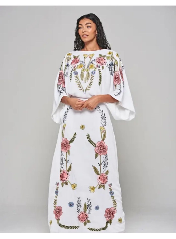 Longue robe tunique brodée de fleurs au dos noué