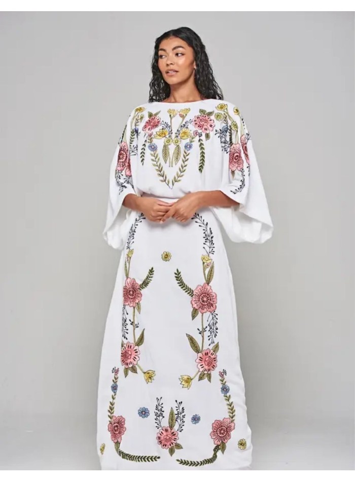 Vestido largo túnica bordado de flores con espalda anudada