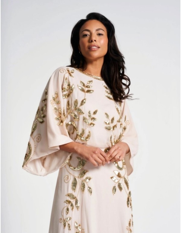 Long party dress with golden sequin leaves