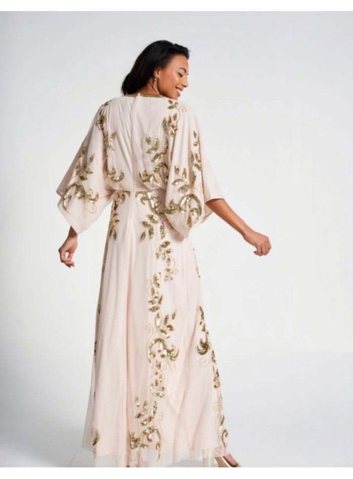 Long party dress with golden sequin leaves