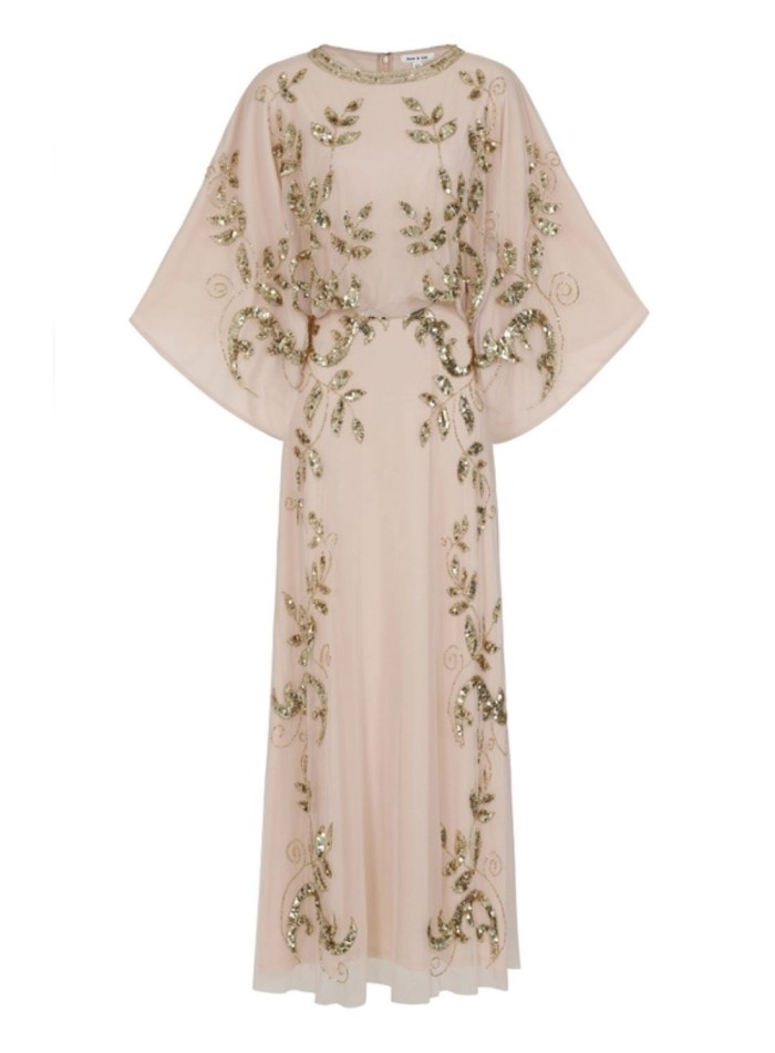 Long party dress with golden sequin leaves