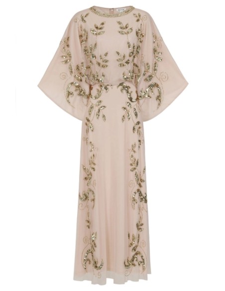 Long party dress with golden sequin leaves