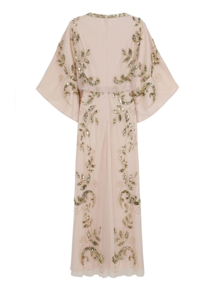 Long party dress with golden sequin leaves