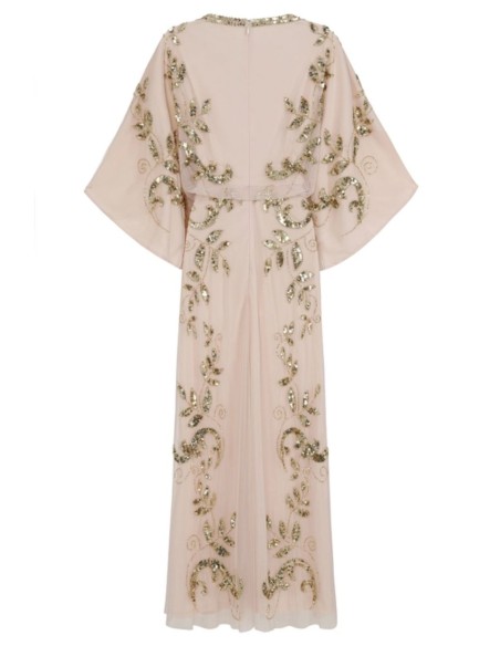 Vestido de fiesta largo con hojas doradas de lentejuela