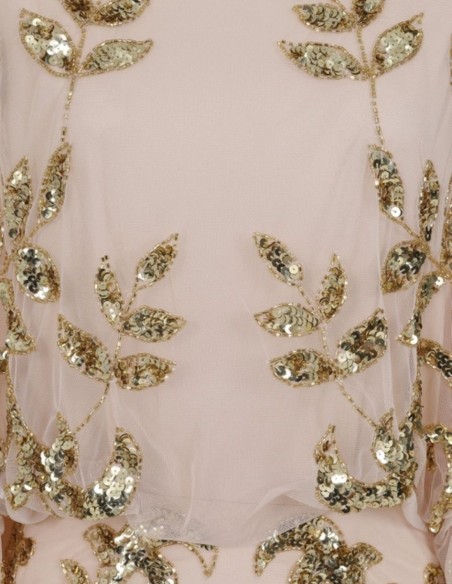 Long party dress with golden sequin leaves