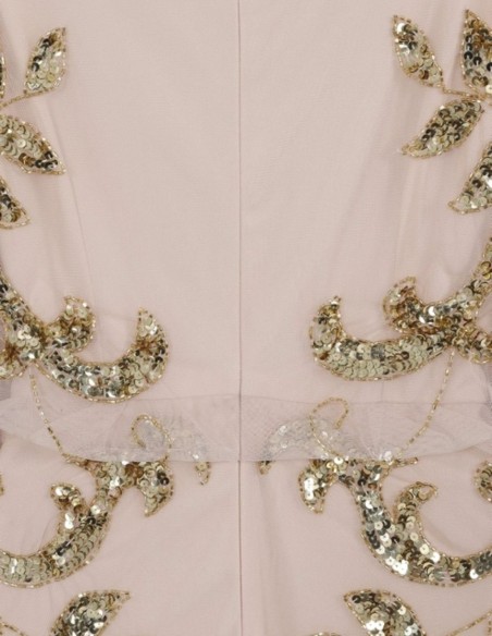 Long party dress with golden sequin leaves