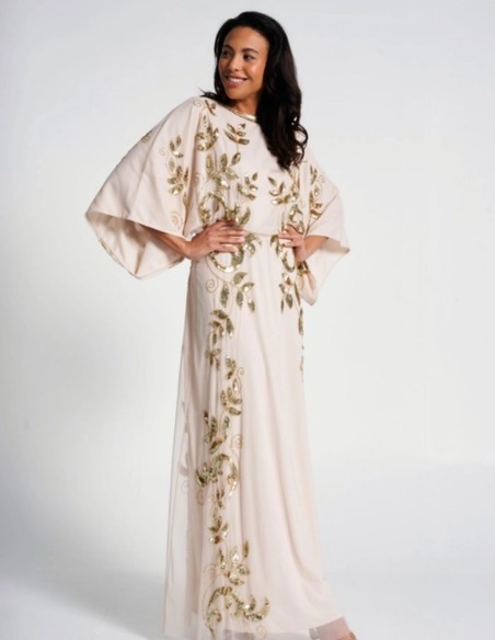 Long party dress with golden sequin leaves