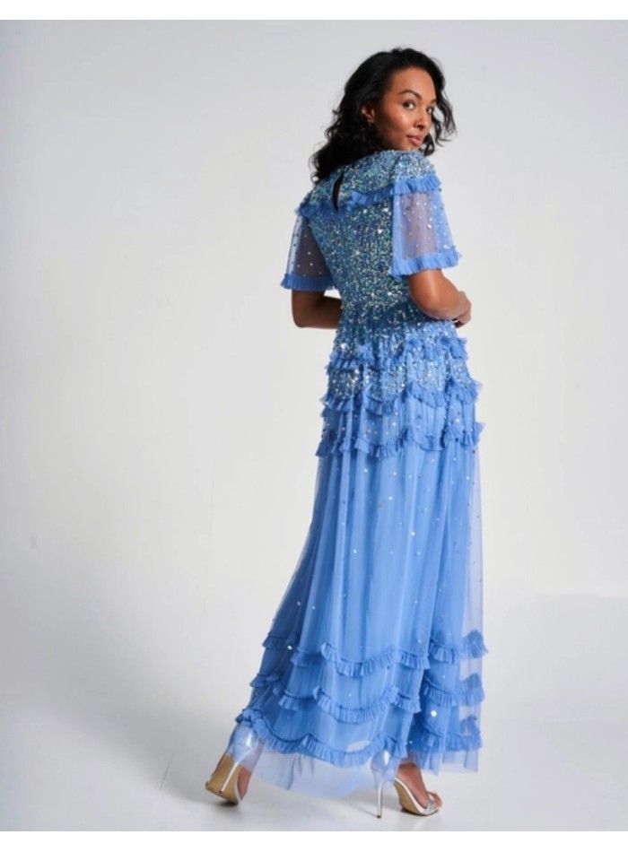 Long party dress with mini ruffles and blue...