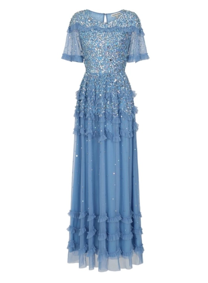 Long party dress with mini ruffles and blue...