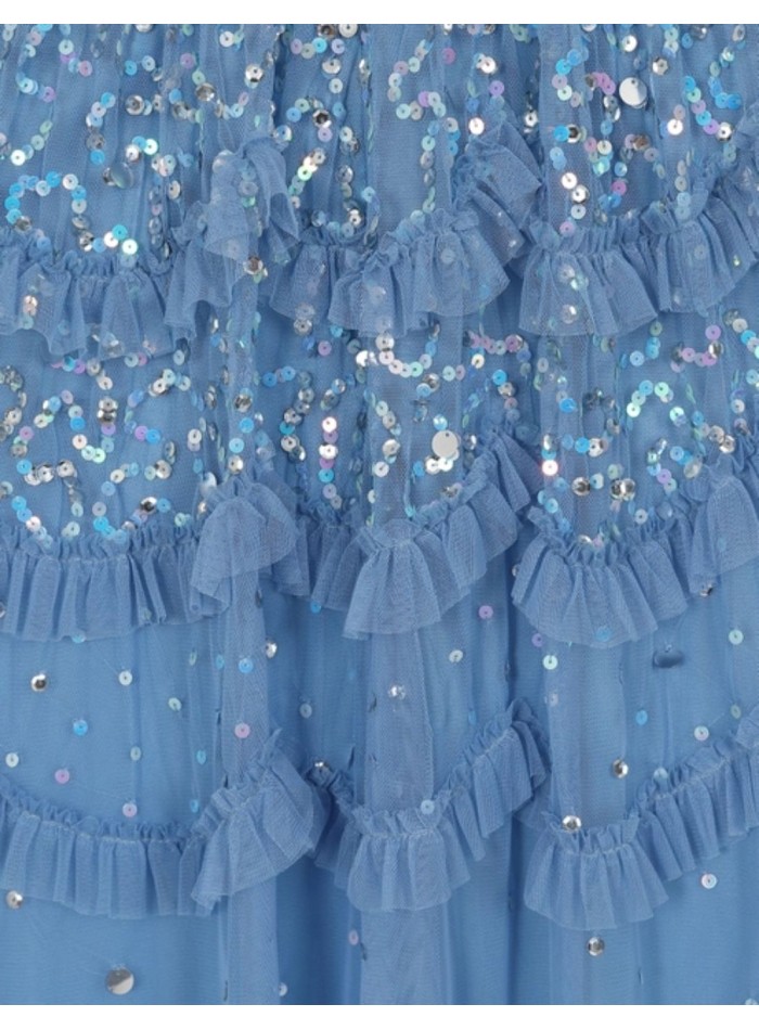 Long party dress with mini ruffles and blue...
