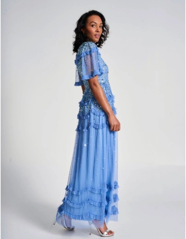 Robe longue de fête avec mini volants et sequins bleus