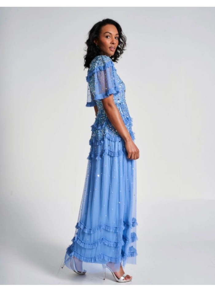 Long party dress with mini ruffles and blue sequins