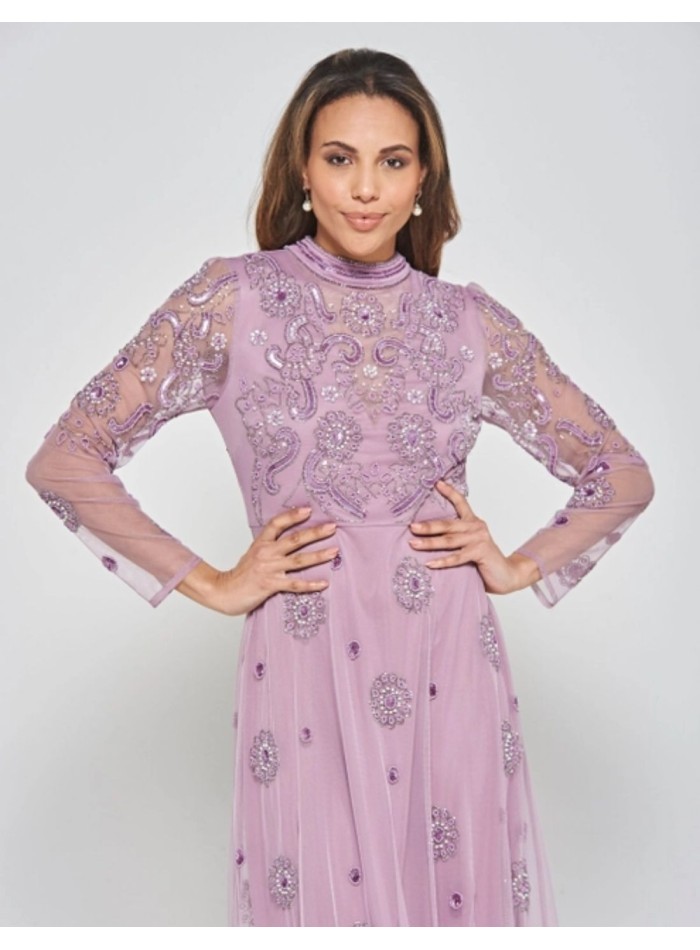 Robe longue de fête à manches longues brodée de strass mauves