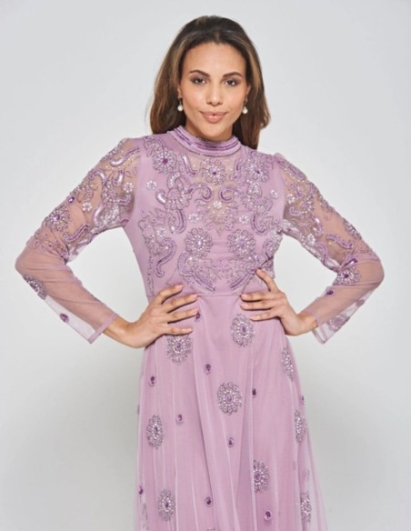 Long party dress with long sleeves embroidered with mauve rhinestones