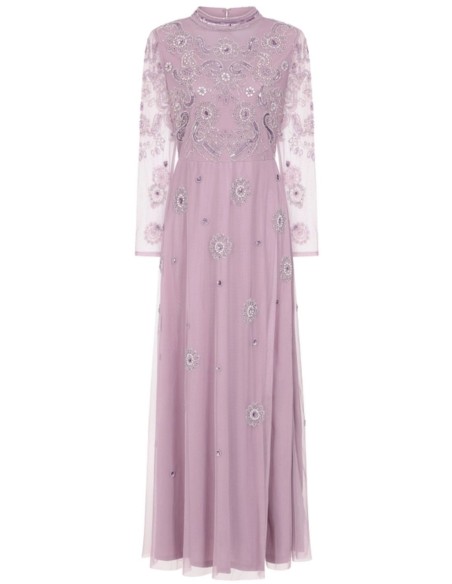 Robe longue de fête à manches longues brodée de strass mauves