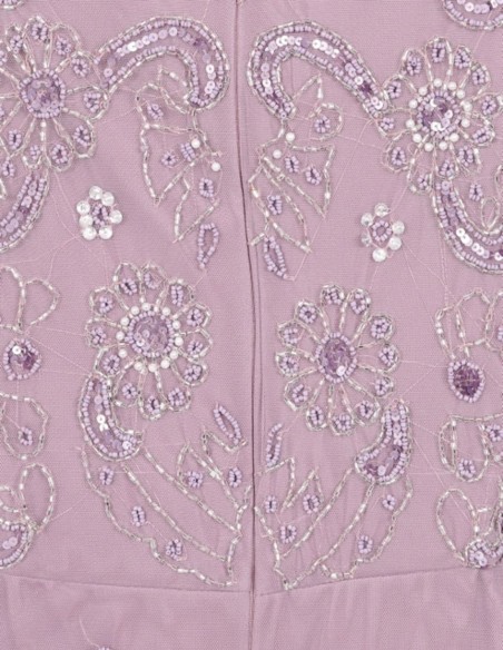 Robe longue de fête à manches longues brodée de strass mauves