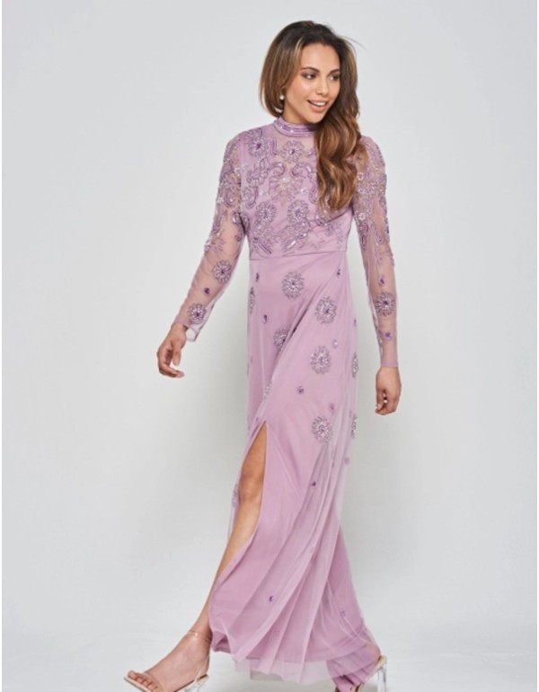 Long party dress with long sleeves embroidered with mauve... 2