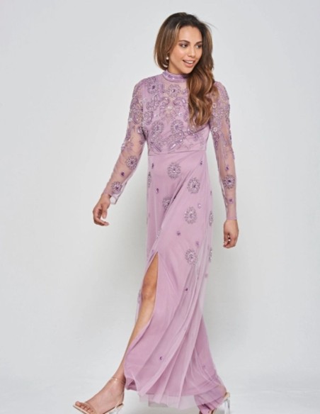 Long party dress with long sleeves embroidered with mauve rhinestones