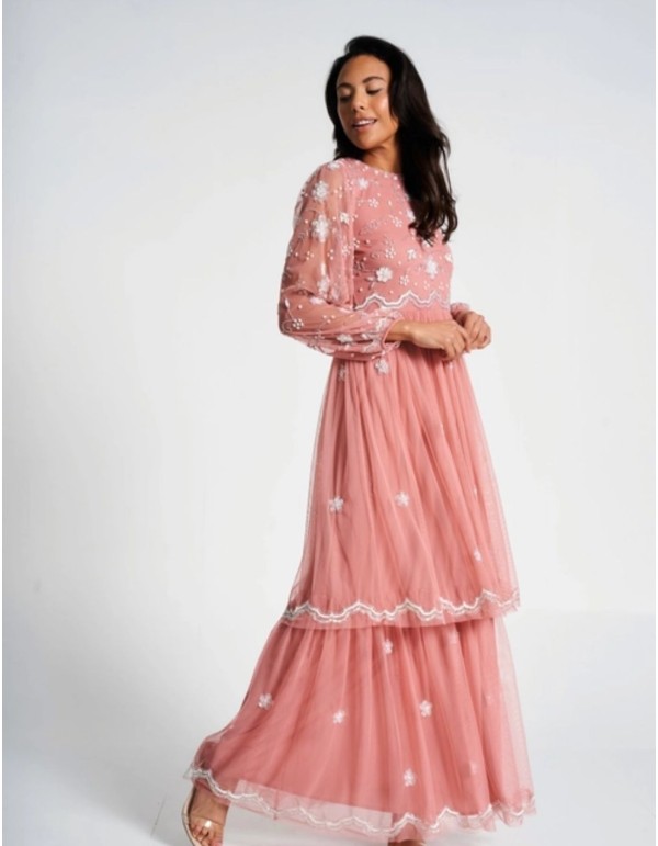 Long party dress with long sleeves embroidered with blush...