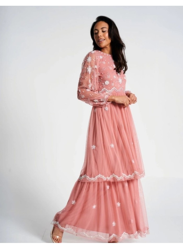 Long party dress with long sleeves embroidered with blush pink sequins