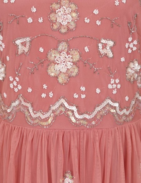 Robe longue de fête à manches longues brodée de sequins rose blush