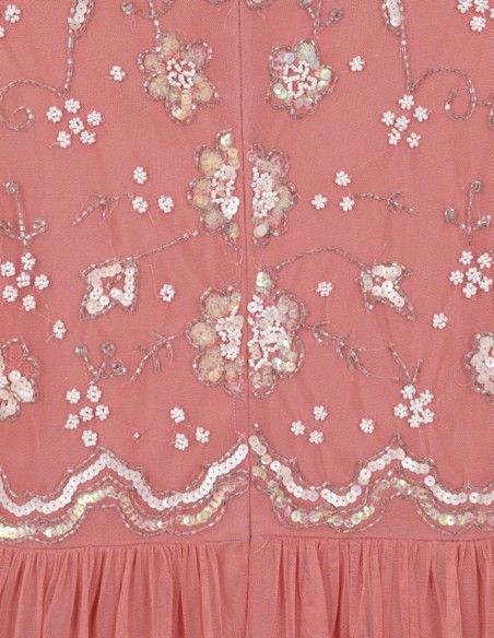 Robe longue de fête à manches longues brodée de sequins rose blush