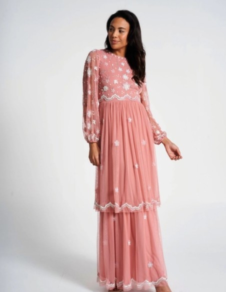 Robe longue de fête à manches longues brodée de sequins rose blush